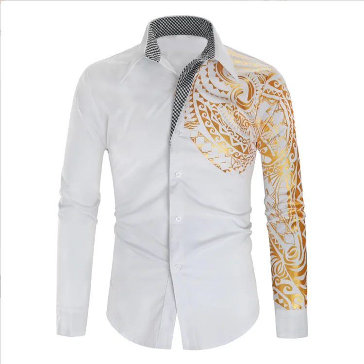 Men's Long-sleeved White Shirt Business Printed Long-sleeved Shirt With Gold Stamping