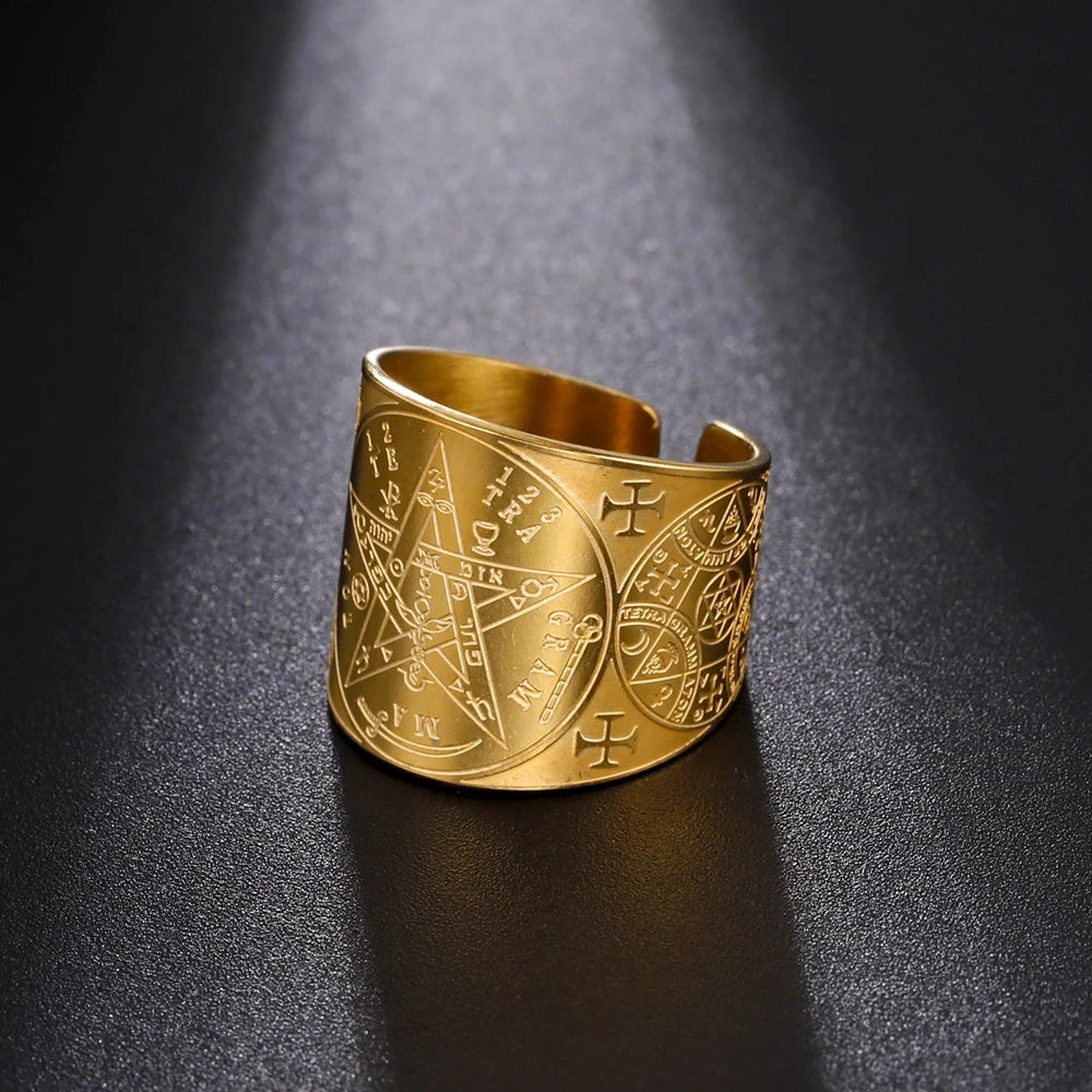 Hot Selling Tetragrammaton Pentagram Amulet Pentacle Ring the Ancient Power Name of God Stainless Steel Solomon Wiccan Jewelry