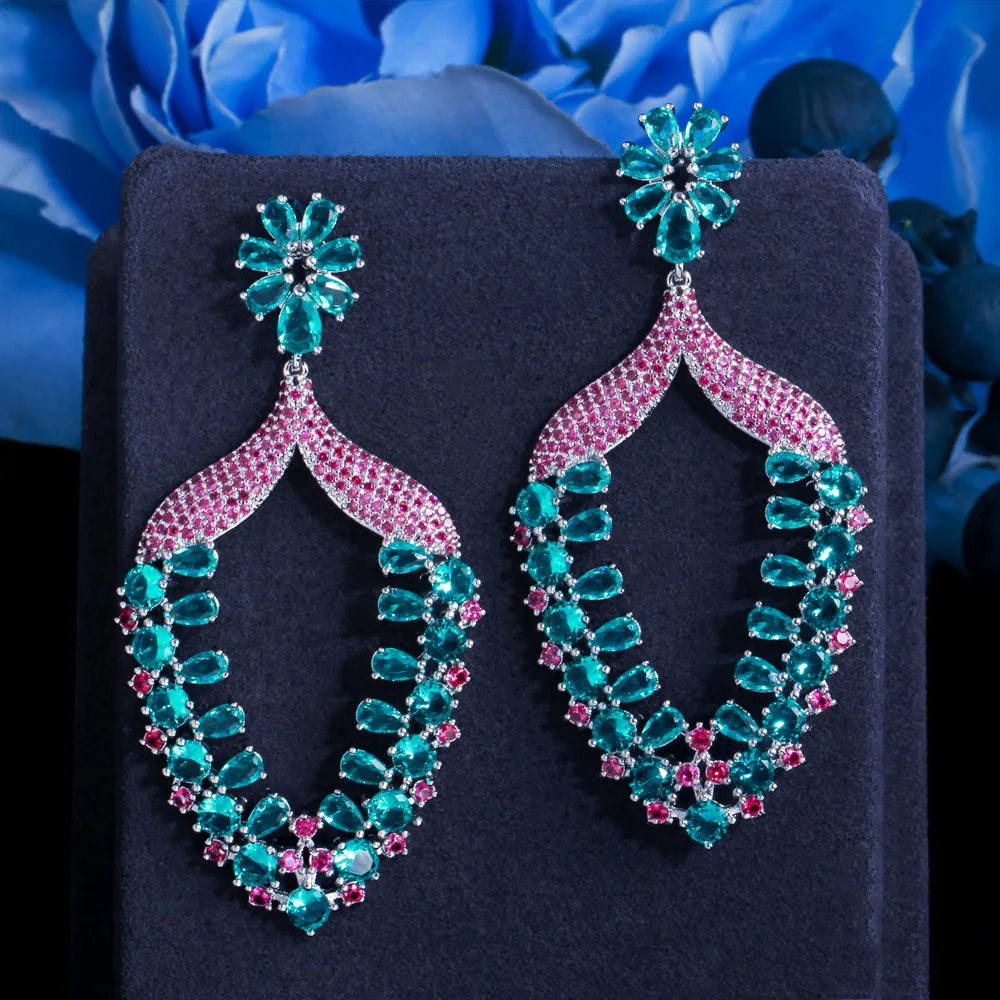 Charming Rose Red Green Cubic Zirconia Crystal Flower Extra Long Big Luxury Women Wedding Engagement Earrings Jewelry