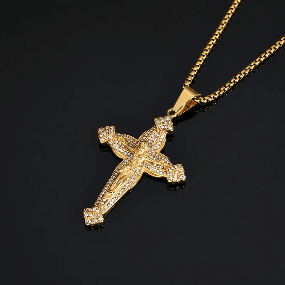 Stainless Steel Jesus Christ Cross Pendant Necklace with CZ and Gold Plating Featuring Bezel Setting Zircon for Gift