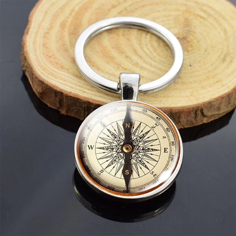 Vintage Compass Key Chain Compass Pattern Double Side Glass Cabochon Pendant Key Ring for Men Women Gifts