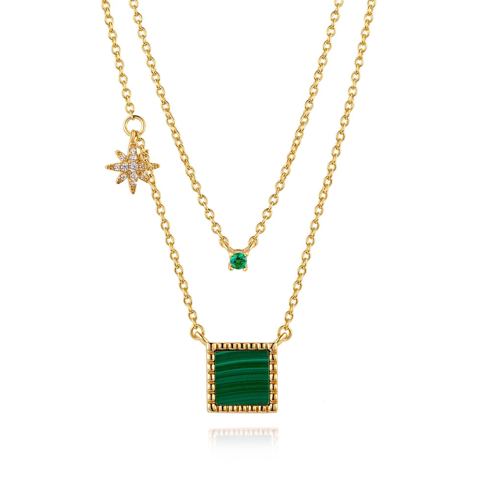 Joacii 925 Sterling Silver 18K Gold Plated Natural Gemstone Square Geometry Aaaaa Zircon Double Layer Star Malachite Necklace