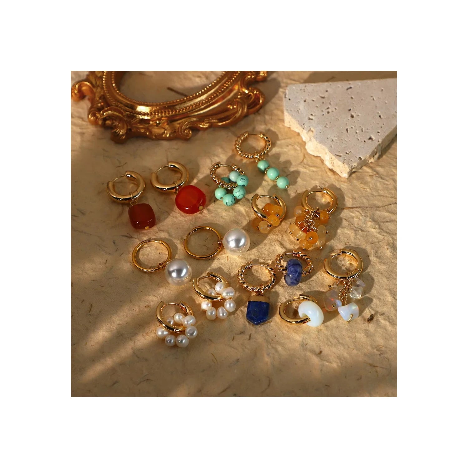 Summer Beach 14K Gold Plated Stainless Steel Opal Jewelry Double Freshwater Baroque Drop Hoop Pearl Earrings for Women