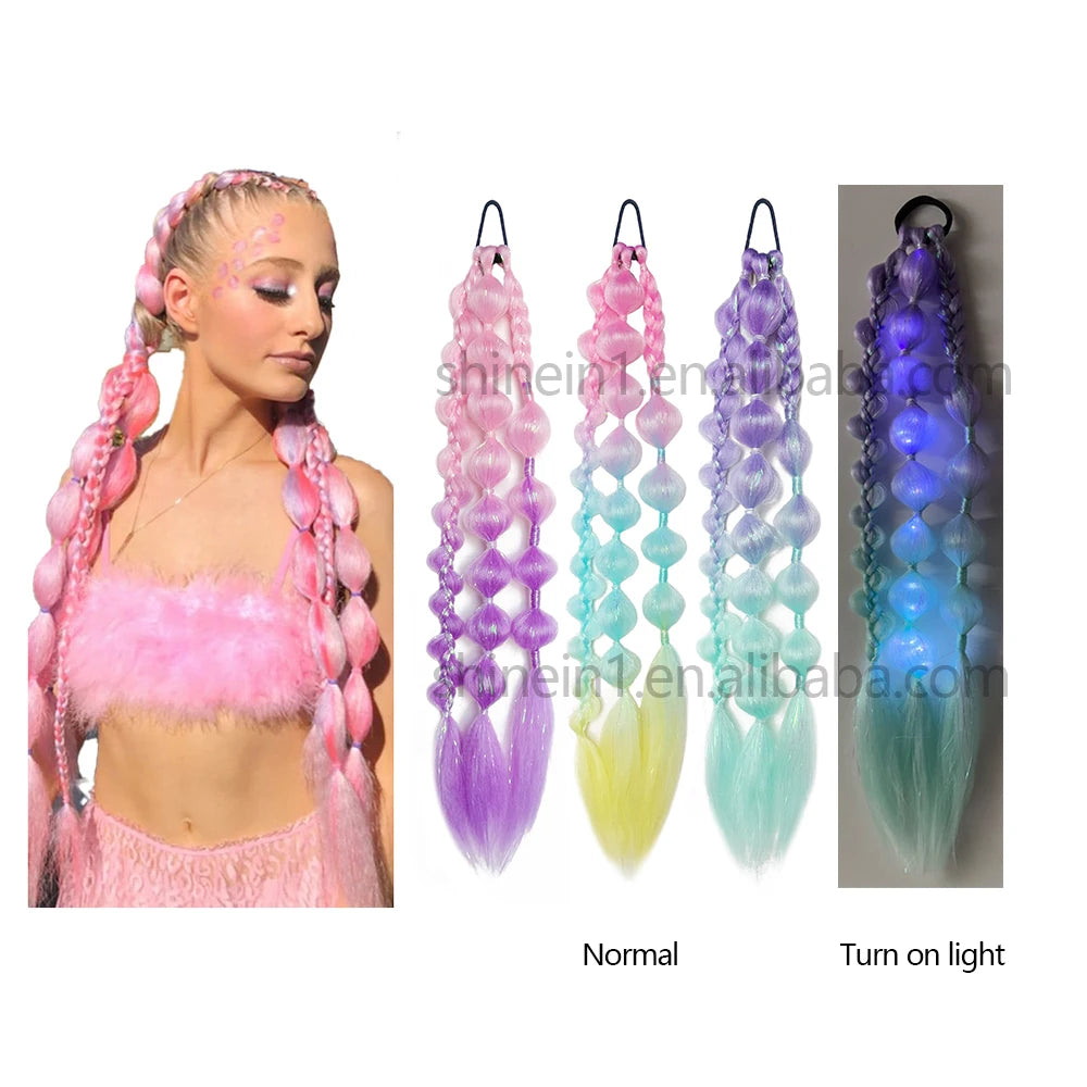 Shinein 24inch Women Festival Glowing Ombre Braided Ponytail Colored Bubble Braids Extensions with Mini Led Light