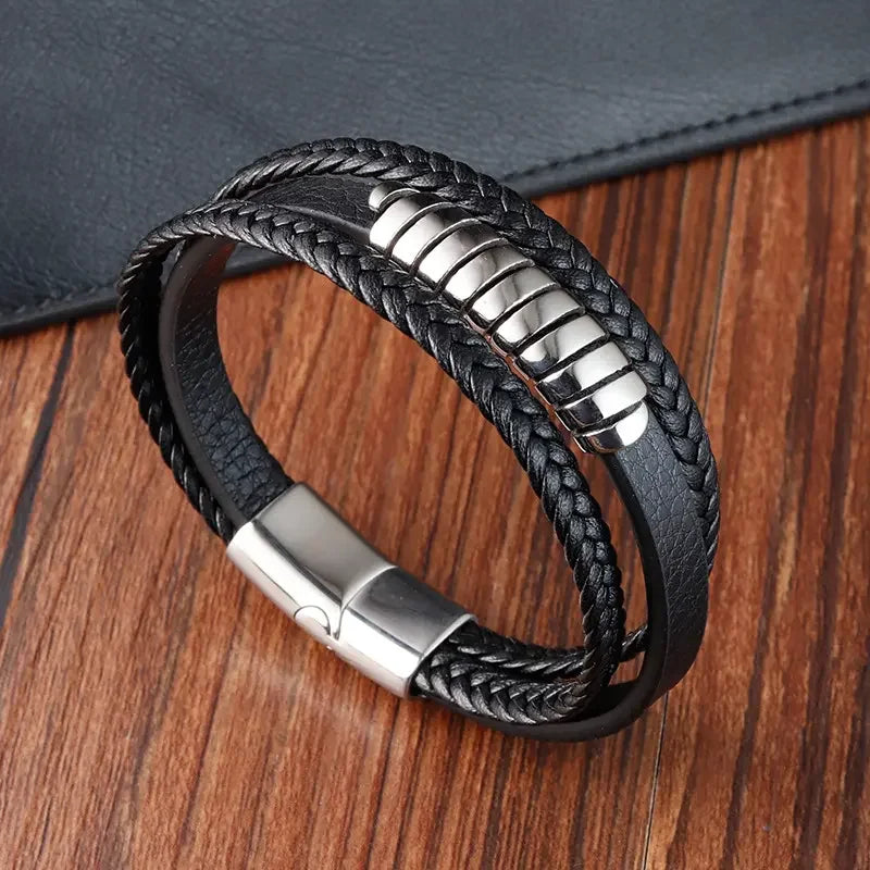 Fashion Classic Design Braided Leather Bracelet Stainless Steel Magnetic Buckle Men's Genuine Leather Bangle 21cm OT-210