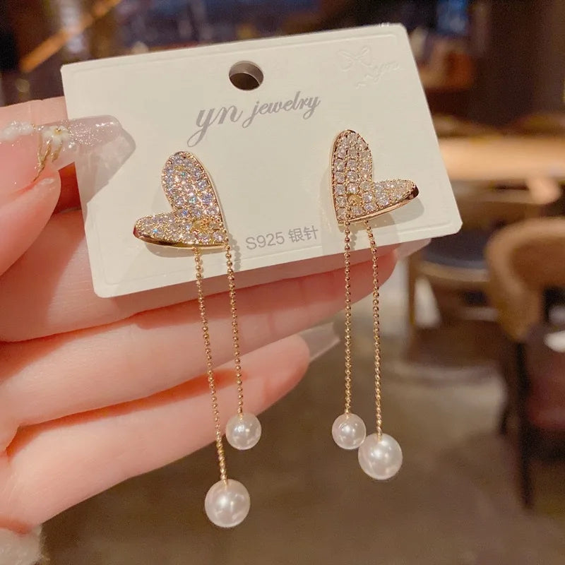 GT S925 Silver Needle Long Tassel Pearl Heart Earrings for Women