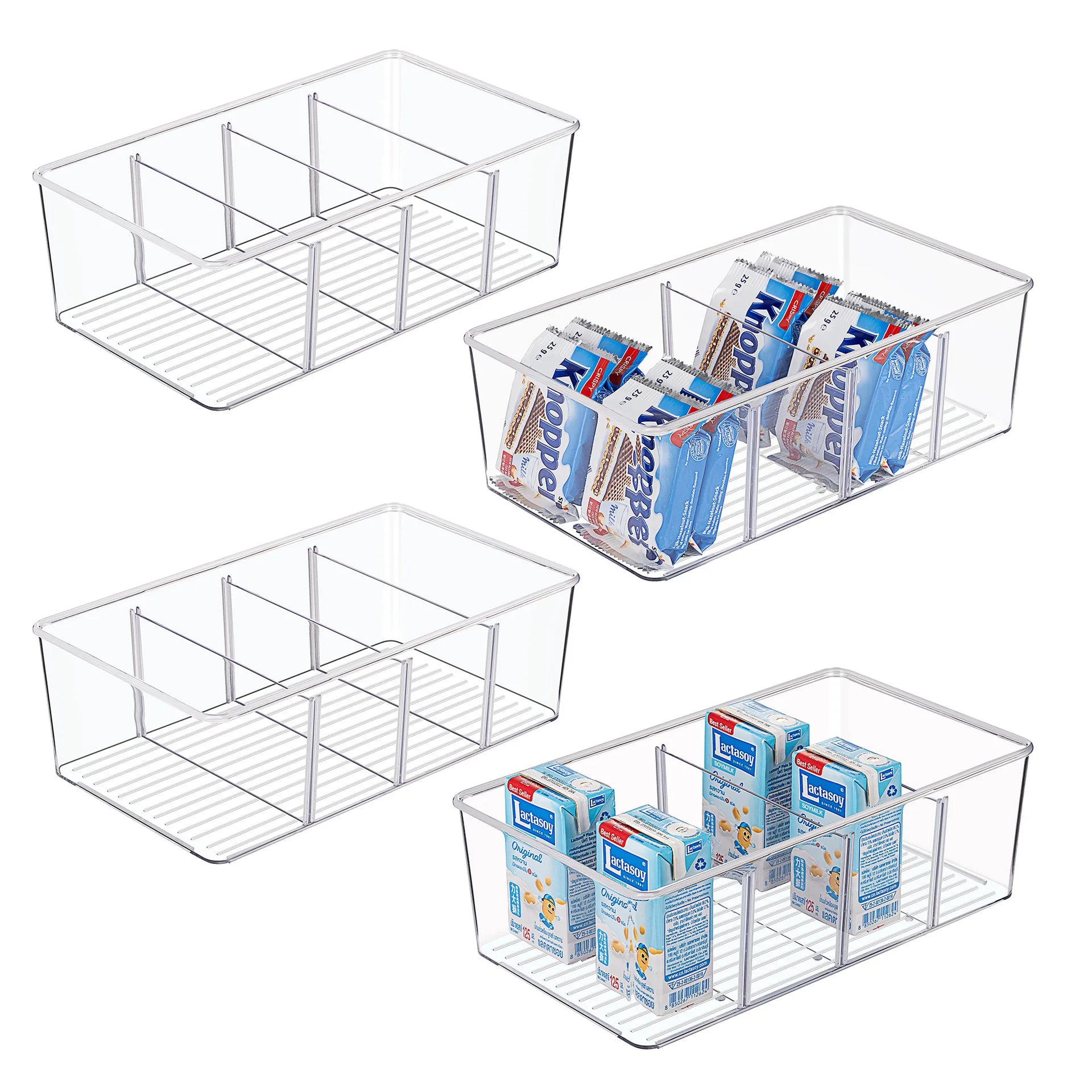 Clear Plastic PET Storage Rack Coffee Tea Spices Stackable Rectangle Refrigerator Bins 4 Dividers Fresh Style Kitchen Organizers