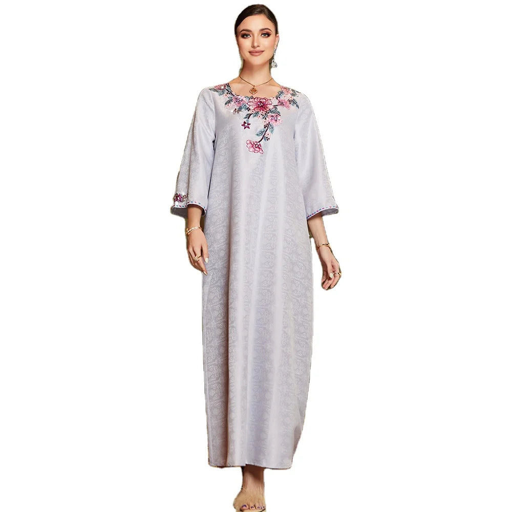 3D Three-dimensional Jacquard Material Short Sleeve Embroidery Flower on Neck Loose Size Rhinestone Middle East Arab Women Dress