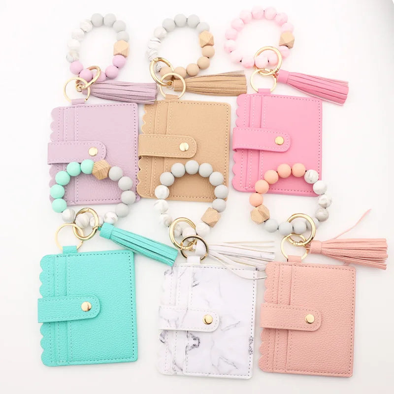 Custom Leather Purse Silicone Bead Keychains Bracelet Tassel Metal Keychain Wallet