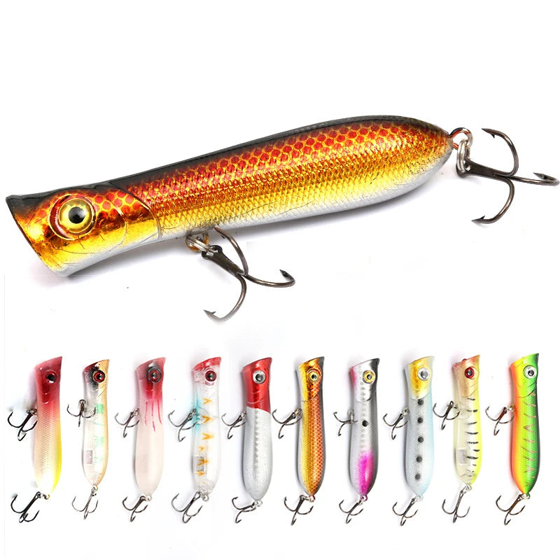 80mm Floating Popper 3D Eyes Fishing Lure 11.7g Artificial Hard Plastic Bait Quality Hooks Pencil Squid Lure