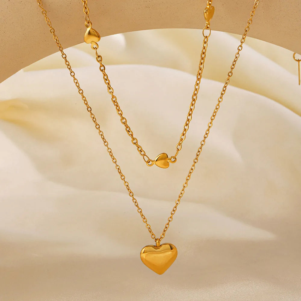 Hot Sales 18k PVD Gold Plated Waterproof Double Layer Glossy Heart Pendant Stainless Steel Necklace