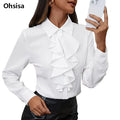 Ohsisa 2025 Women Lady Office Shirts White Long Sleeve Lapel Falbala Chiffon Fashionable Ruffle Tops Blouse Women's Shirt