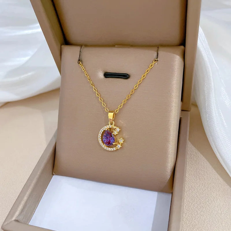 Light Luxury Titanium Moon Water Droplets Zircon Full Diamond Necklace for Women Collar Chain Wedding Engagement Jewelry