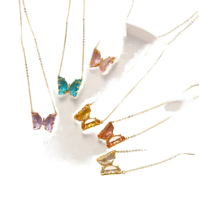 Women's Simple Style Crystal Colorful Butterfly Pendant Necklace Glass Butterfly Necklaces