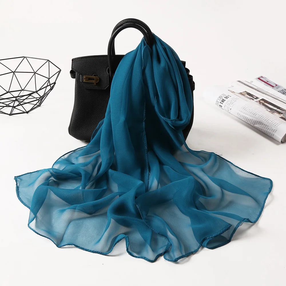 Women Foulard Solid Color Chiffon Georgette Scarf Bandana Elegant Long Shawl Hijab Summer Sun protection