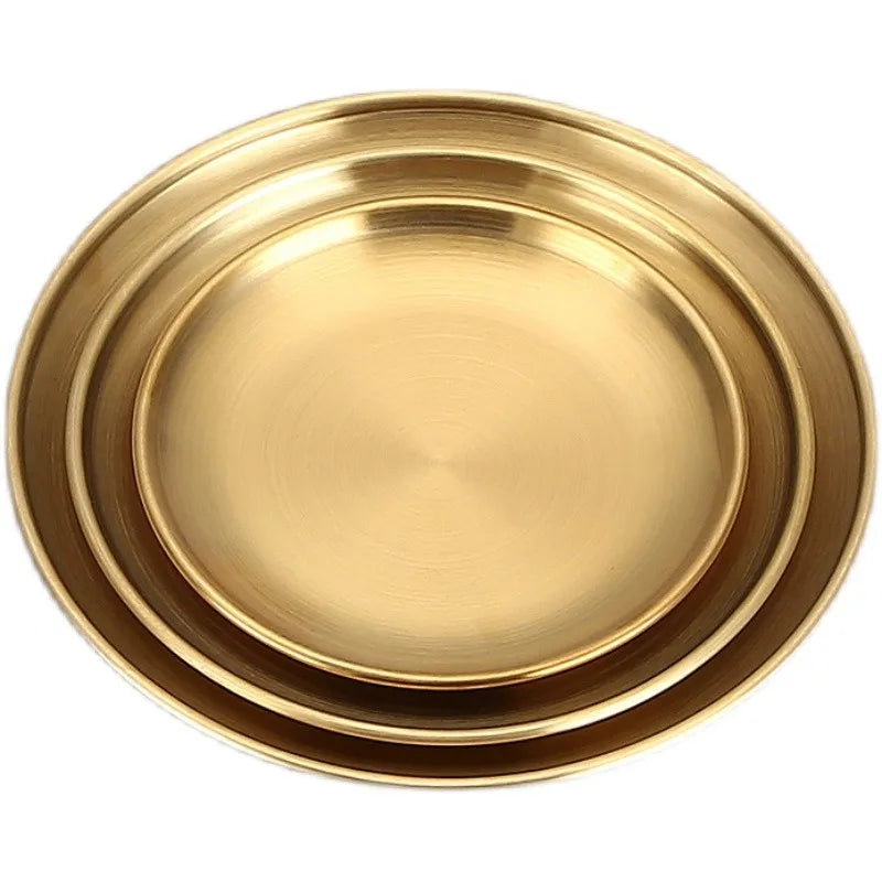 Christmas Restaurant Tableware Stainless Steel 304 Round Type Food Dessert Fruit Tray Kitchen Gold Food Tray