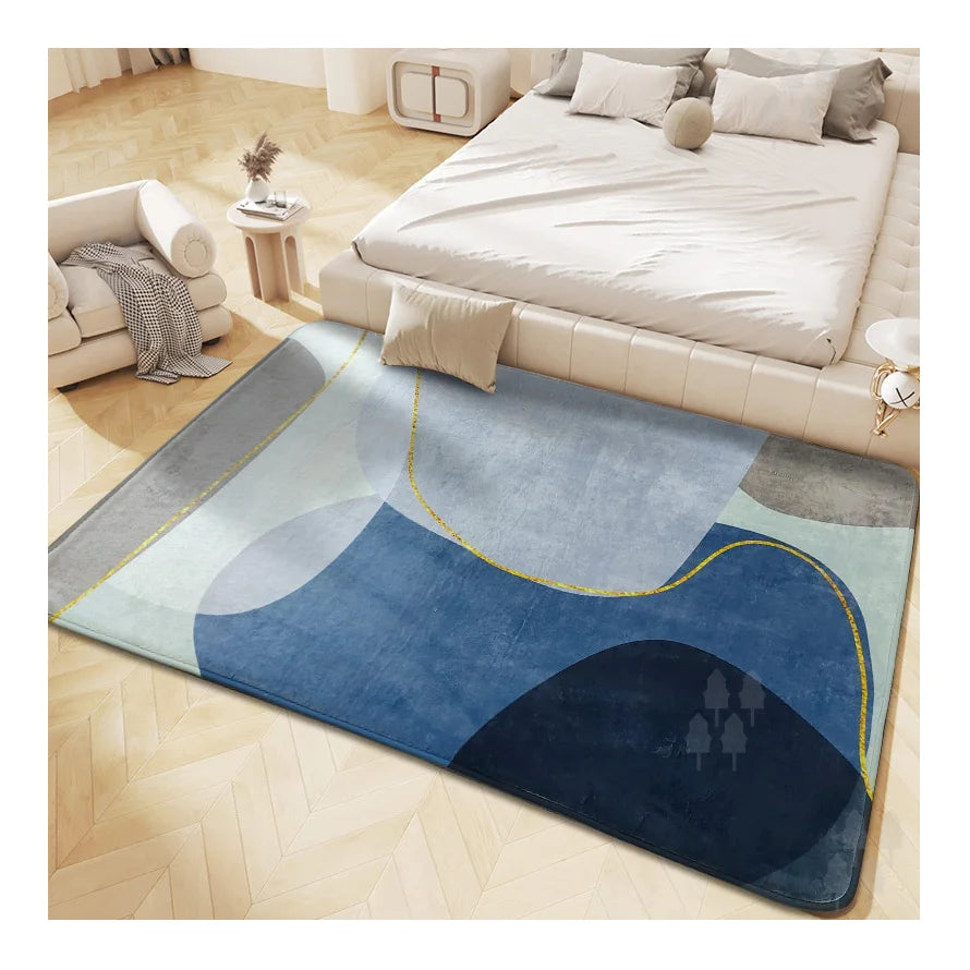 Modern Blue and Gold Stripe Printing Abstract Carpet Mat for Living Room