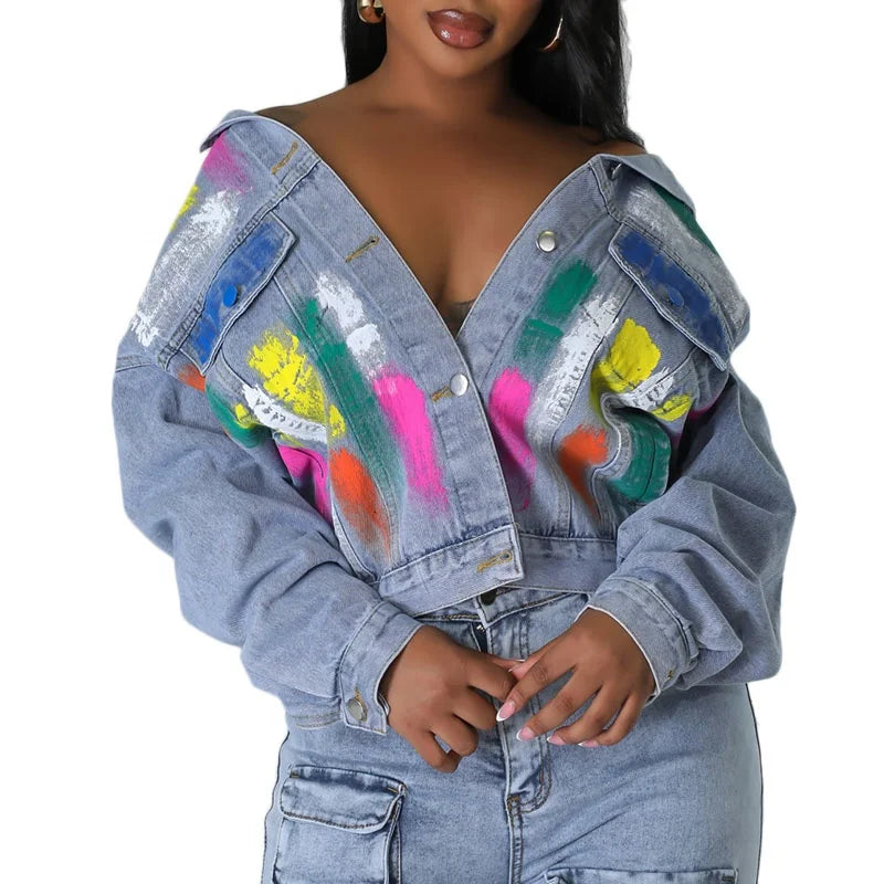 Custom Streetwear Denim Jackets Shirt for Women Ladies Jean Jacket 2026 Paint Denim Jacket Manufacturer