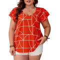 Plus Size Geometric Print Tops Chemise Femme Casual V Neck Ruffle Sleeve Blouse Women's Short-sleeved Shirt