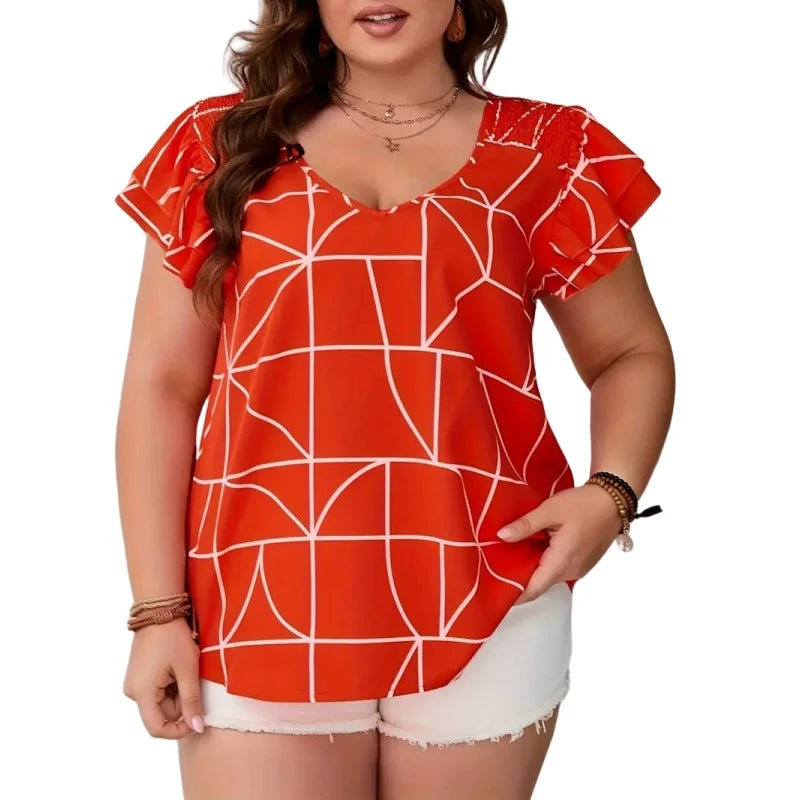 Plus Size Geometric Print Tops Chemise Femme Casual V Neck Ruffle Sleeve Blouse Women's Short-sleeved Shirt