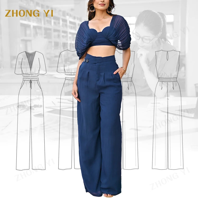 Navy Nostalgia Set Factory Custom Women's Fashion Designer Crop Top Pants Sets Women 2 Piece Sets Summer Style
