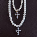 Retro Faux Pearl Delicate White Pearl Necklace for Women Men Tennis Cross Pendant Pearl Choker Necklace Gifts for Boy Girls