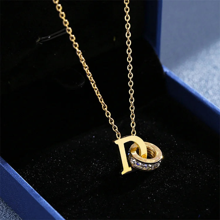 Wholesale No Fade Korean Titanium Steel Trendy Rose Gold Diamond Crystal Ring D Letter Necklace