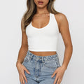 Custom Logo Trendy Summer Solid Slim Ribbed Short Sleeveless Top Women V-neck Backless Halter Vest Yoga Crop Tank Tops for Women
