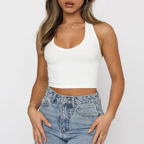 Custom Logo Trendy Summer Solid Slim Ribbed Short Sleeveless Top Women V-neck Backless Halter Vest Yoga Crop Tank Tops for Women