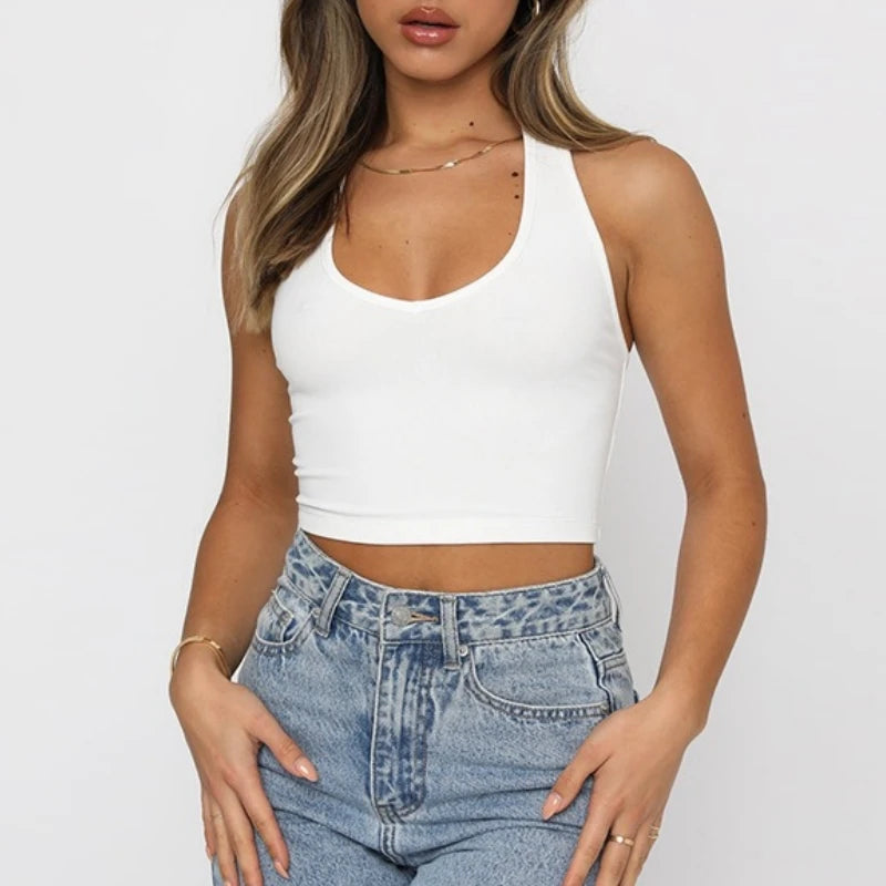 Custom Logo Trendy Summer Solid Slim Ribbed Short Sleeveless Top Women V-neck Backless Halter Vest Yoga Crop Tank Tops for Women