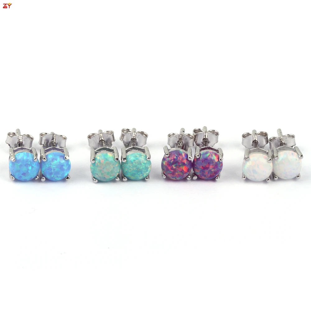 Zhengyong Vintage 925 Sterling Sliver Earrings 92 Colors 6mm Synthetic Fire Opal Jewelry Flash Round Gems Stud Earring