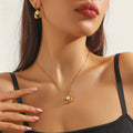 Fashion Gold-plated Flower Heart Turquoise Pearl Necklace Earrings Vintage Stainless Steel Pendant Jewelry Set for Women