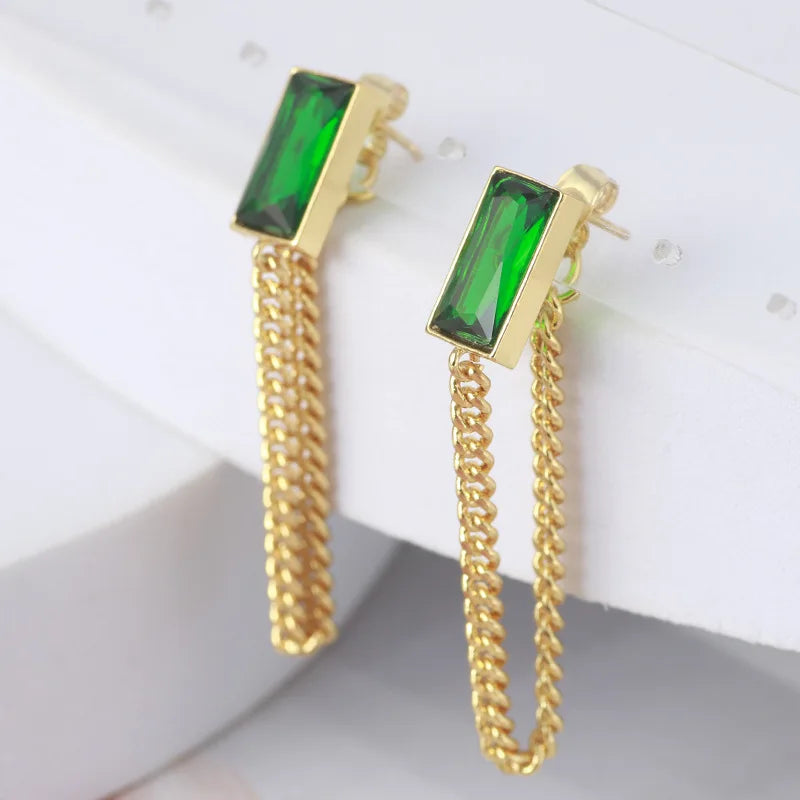 Jewelry 2022 Women Green Zircon Gemstone Stud Earrings Stainless Steel 18k Gold Plated Green Gemstone Tassel Chain Earring