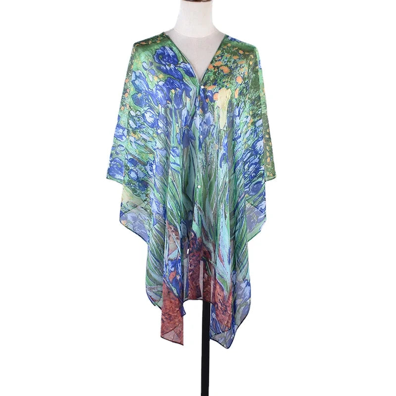 Van Gogh Irises Print Chiffon Scarf Shawl Women's Lightweight Art Print Wrap Beach Cover up