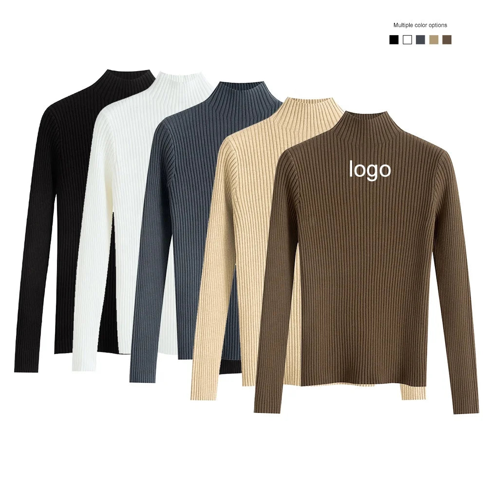 Custom Beige Crew Collar Long Sleeve Ribbed Knitted Women's Basic Pullover Sweater Knitwear Manufacturer's Casual Winter Top