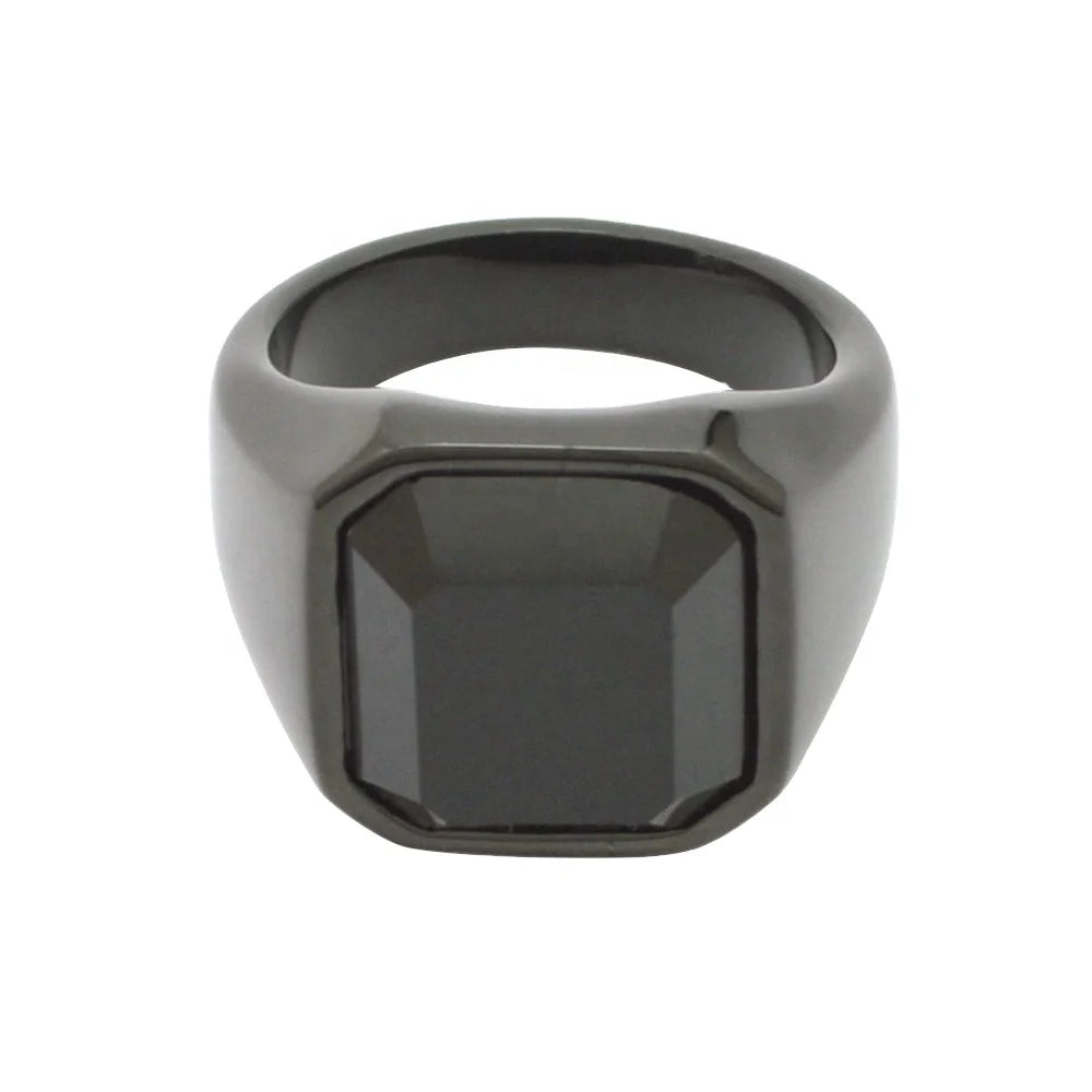 Wholesale Price Best Selling Black Onyx Gemstone Fashion Retro Hip Hop Men's Stainless Steel Black Plated Stone Ring