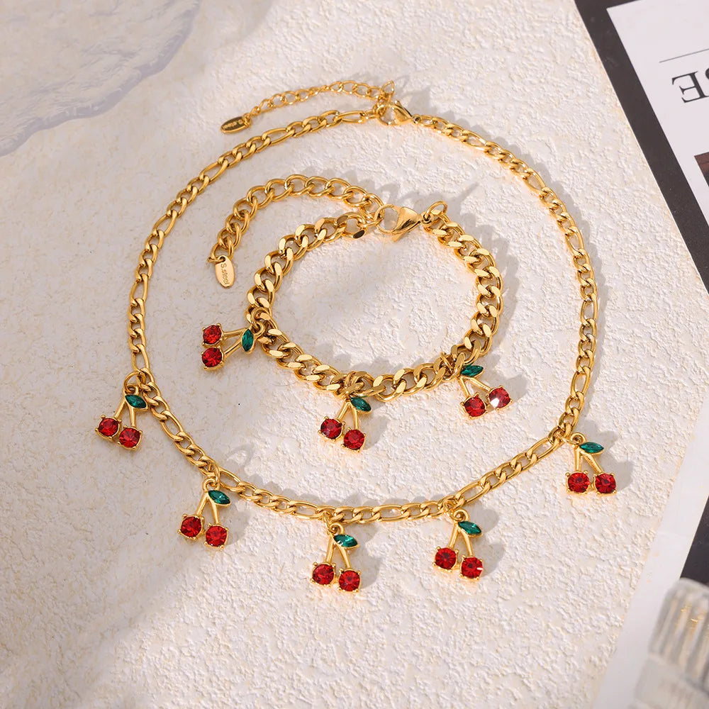 YF3943 Fashion Stainless Steel Jewelry Set 18k Gold Plated Glass Stone Red Cherry Necklace Waterproof Women Bracelet