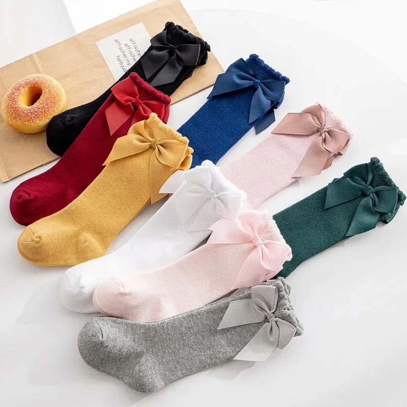 Hot Selling Legger Warmer Newborn Baby Socks With Velvet Bow Winter Cotton Kids Floor Socks Knee High Baby Girl Socks