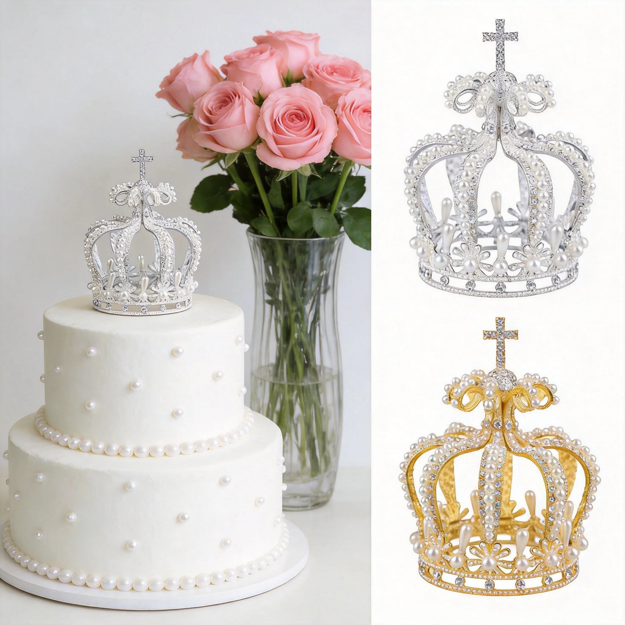 Pearl Crown Cake Topper with Cross for Baptism Christening and First Communion - Elegant Wedding & Birthday Party Decoration