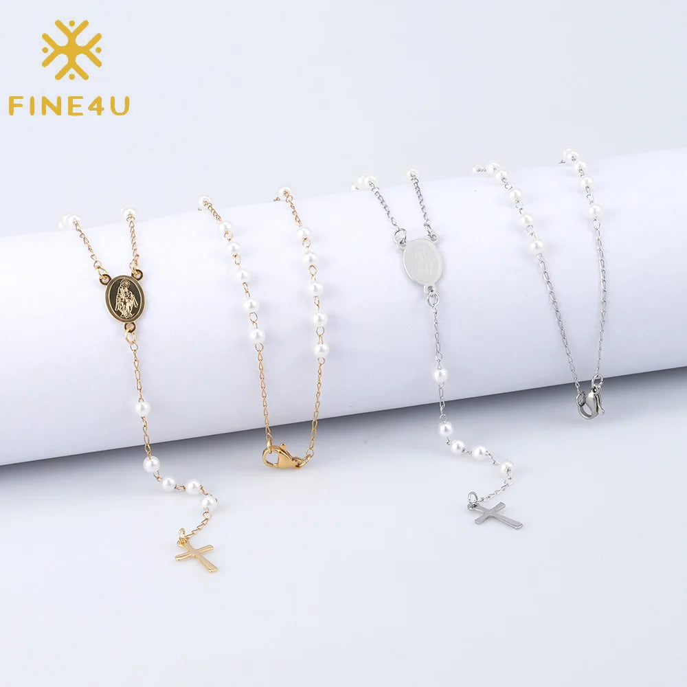 Religious Christian Jewelry Gold Plated Cross Pendant Stainless Steel Pearl Prayer Bead Rosary Necklace