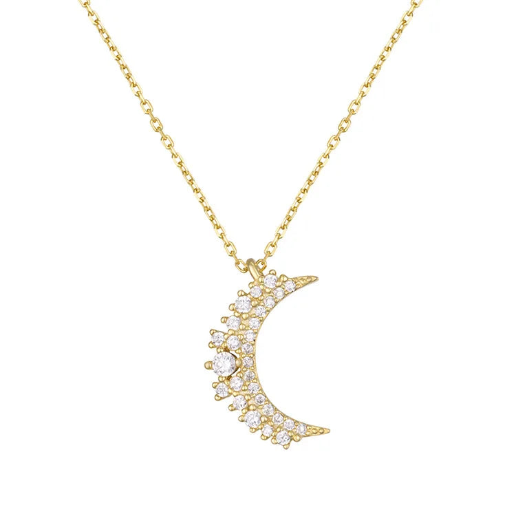 Unique 925 Sterling Silver Flat Cable Chain CZ Zircon Moon Pendant Necklace for Women Wholesale