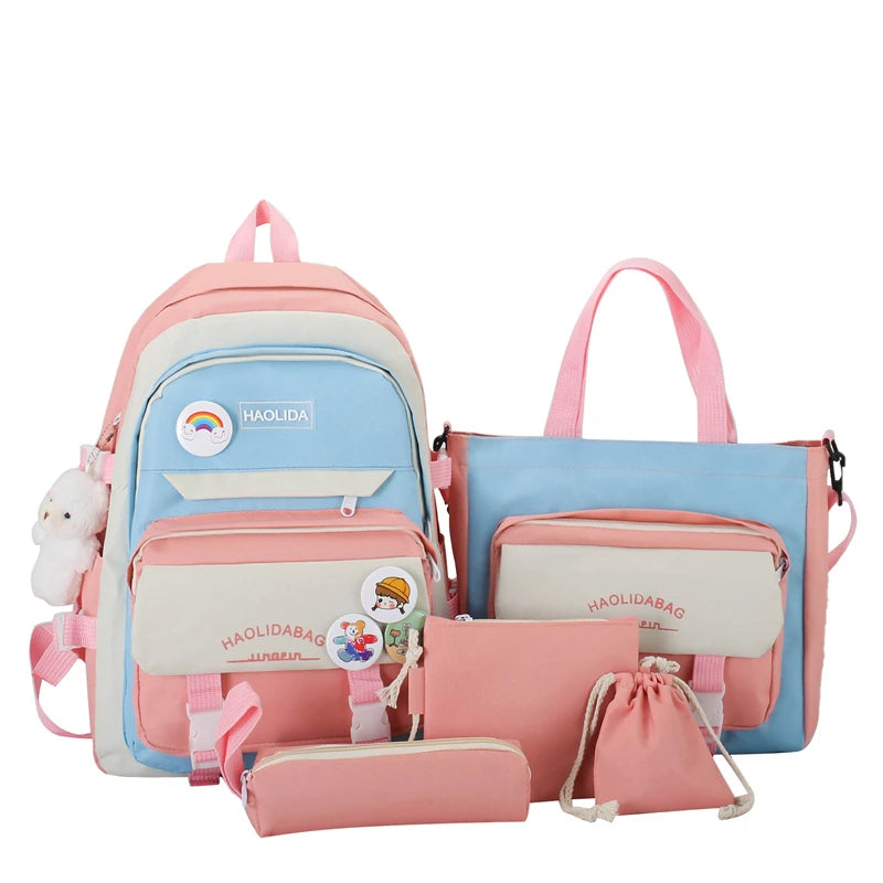 108  Large Capacity Five-Piece Student School Bag Fresh and Stylish Backpack Casual Backpack