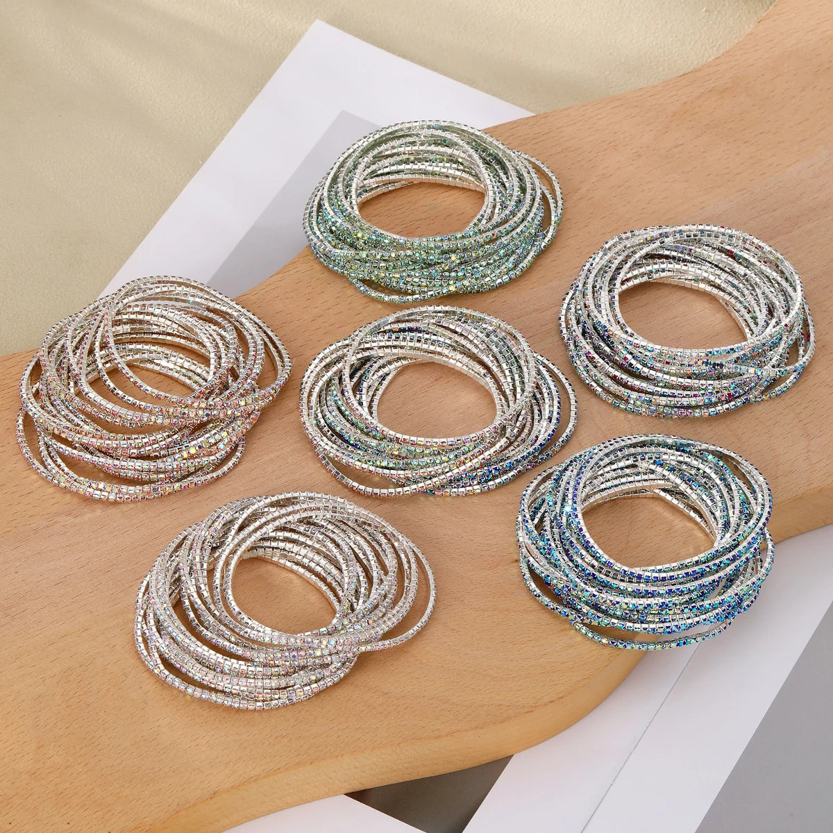 Personalized Exquisite Colorful Rhinestone Bracelet Multi-layer Stackable Elastic Crystal Glass Bangle for Women Fashion Jewelry