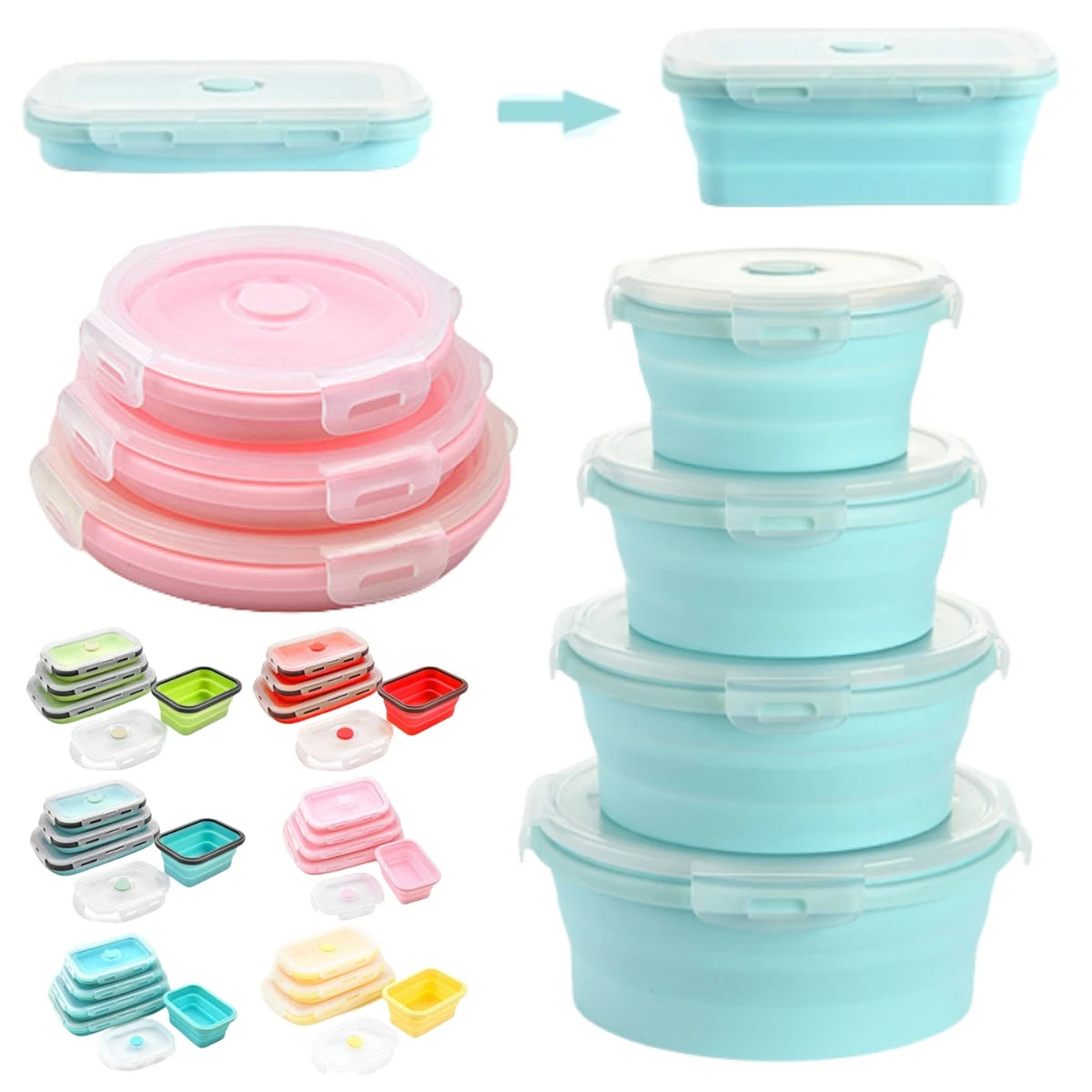 Portable Food Container Round Back to School Food Grade Foldable Silicone Lunchbox Set Bento Box for Kids Silicone Lunch Box