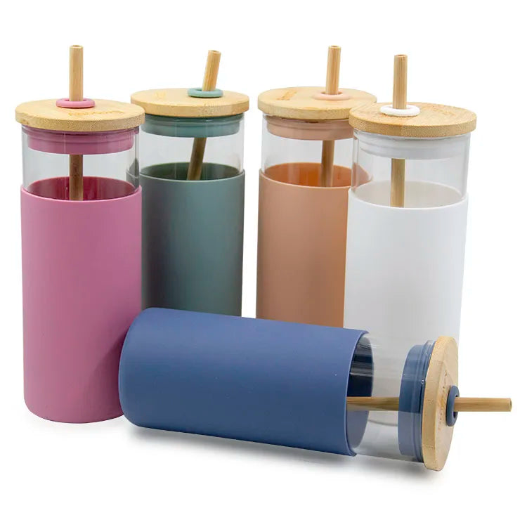 Eco Friendly BPA Free Double Wall Leak-Proof High Borosilicate Glass Smoothie Tumblers Bamboo Covered Lid Protective Sleeve