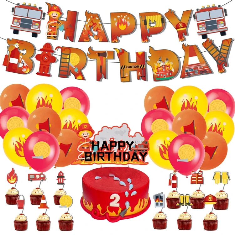 X4001 Fire Truck Car Theme Birthday Balloons Cake Topper and Party Decorations Set From Engineering Party Suppliers