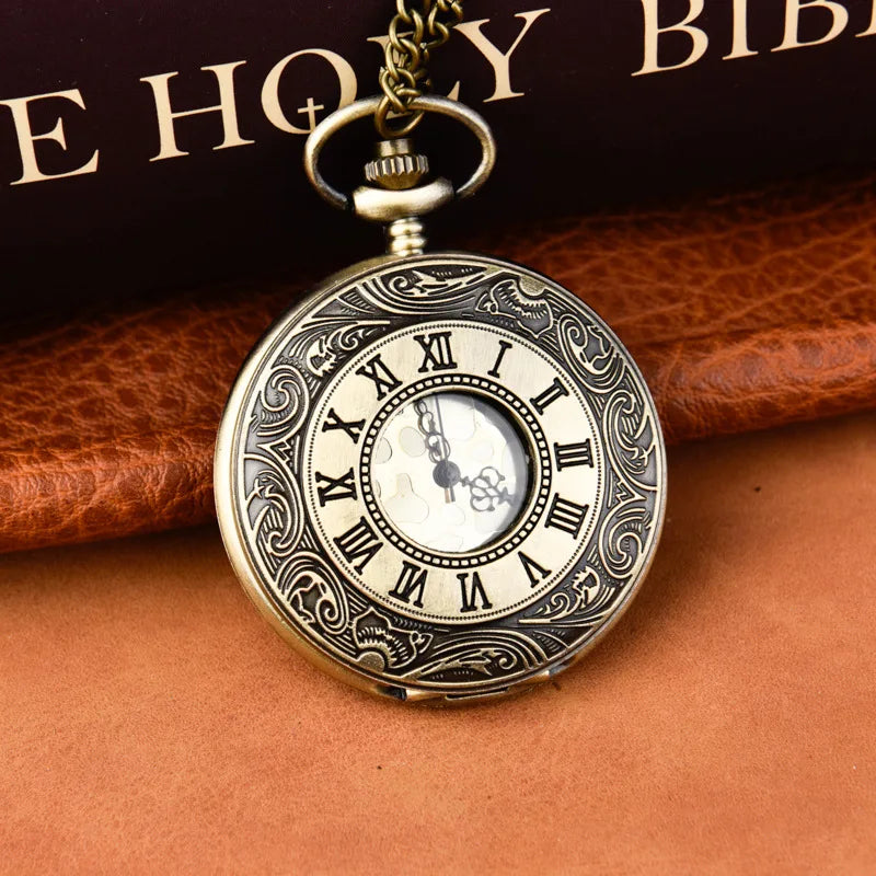 Antique Roman Big Size Numerals Quartz Pocket Watch Hollow Case Steampunk Vintage Pendant Necklace Best Gifts for Men Women