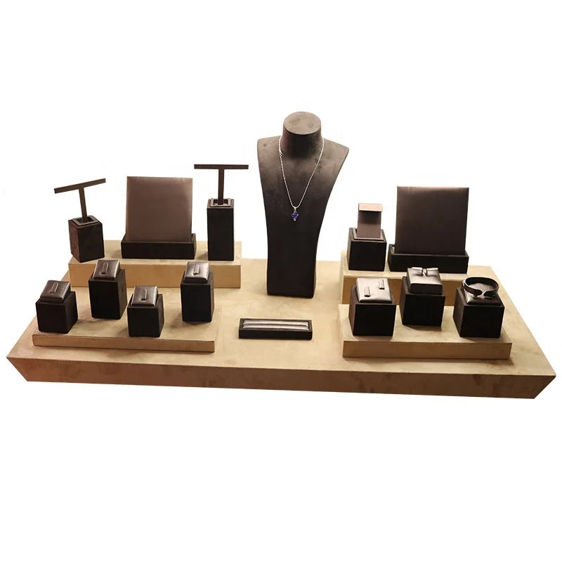 Professional Luxury Suede Jewelry Display Set Custom Brown Color Necklace Stand for Retail Shop Jewelry Container