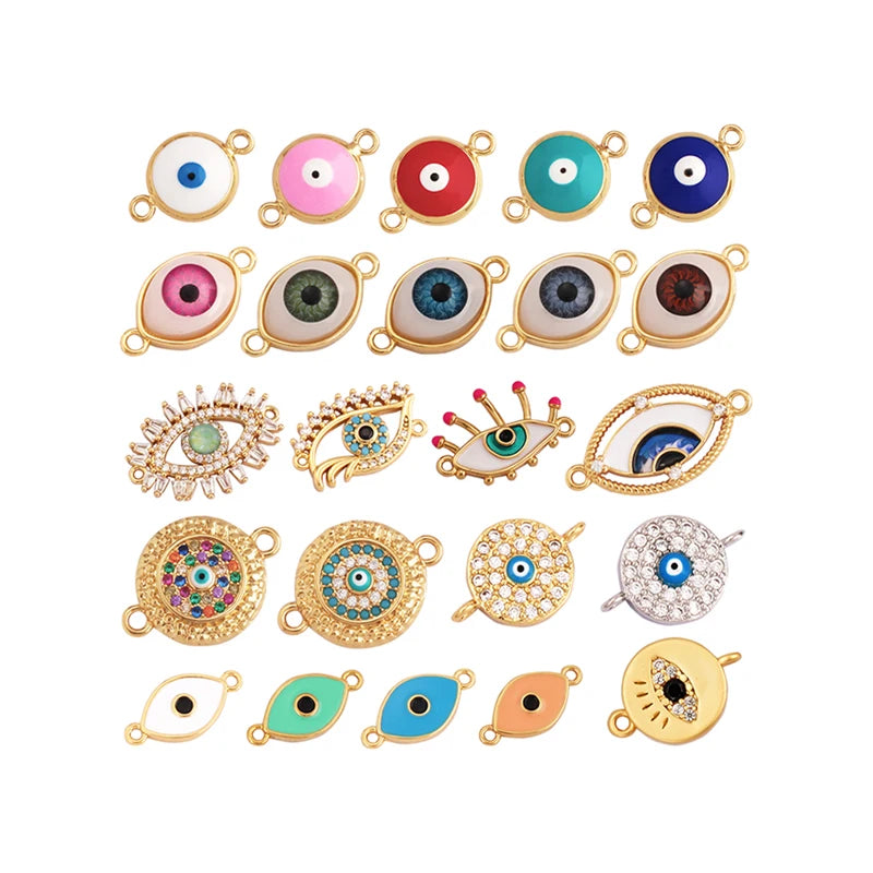 Trendy Enamel Turkish Twin Hole Evil Luck Eye ConnectorCubic Zirconia CZ Paved Clasp Bracelet Necklace Components Supplies L37