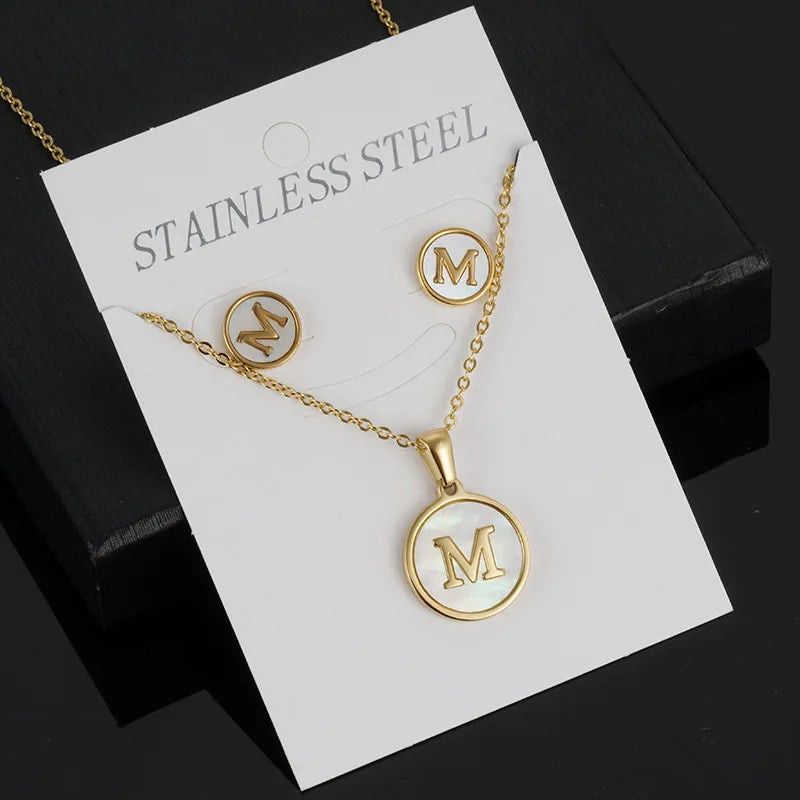 A-Z Letter 2 Set Fashion Jewelry Necklace Earring 18K Gold Plated Link Chain Stainless Steel Pendant Wedding Party Women